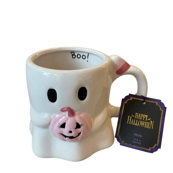 Halloween Ghost Mug With Pink Pumpkin 17oz Cute Ceramic BOO Coffee Cup NEW - Picture 10 of 12